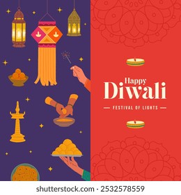 Happy Diwali lettering with Diwali celebration vector illustration and festive elements vectors for Invitation card design 