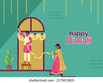 Feliz Diwali Leyendo Con Una Pareja India Decorando La Puerta De Garland De Flores (Toran) Y Plantar Pota En Fondo Turquesa.