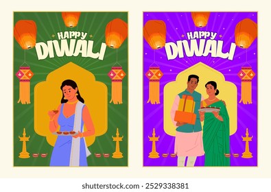 Happy Diwali lettering with Indian people vector illustration and Diwali festival elements, social media posts, banner, poster design template 