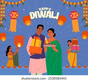 Happy Diwali lettering with Indian people celebrating Diwali vector illustration and festive elements vectors for Invitation card design 