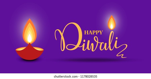 Happy Diwali lettering wallpaper design template. illustration of burning Diwali diya (oil lamp) for light festival of India. 