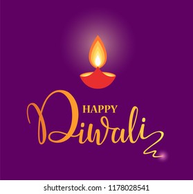 Happy Diwali lettering wallpaper design template. illustration of burning Diwali diya (oil lamp) for light festival of India. 