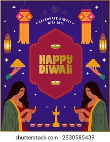 Happy Diwali lettering with young women celebrating Diwali vector illustration and festive elements vectors for Invitation card design 
