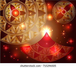 Happy Diwali. Light background. Lamp, oil lamp with a burning fire on a warm brown background