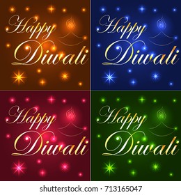 Happy Diwali. Light background, neon effect. The inscription on a blue, brown, red, emerald background. Stars, lights