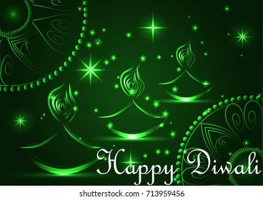 Happy Diwali. Light background. Three Lampadas, an oil lamp with a burning fire on an emerald brown background