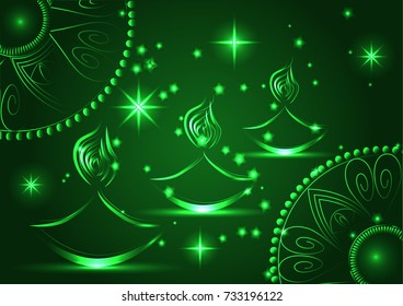 Happy Diwali. Light background. Three Lampadas, an oil lamp with a burning fire on an emerald brown background