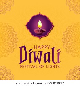 Happy Diwali light festival background vector. Diwali festival wallpaper design with Diya Lamp and rangoli patterns, in dark yellow background. Green Diwali. Vector Illustrations.