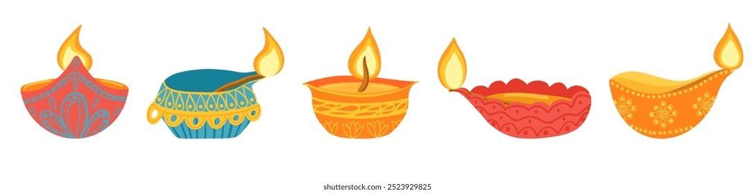 Feliz festival de luz Diwali.  Luces coloridas de la linterna, diyas. Diwali Elementos planos de dibujos animados para Plantillas gráficas y de Diseño web. Lámpara de aceite con fuego