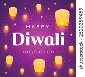 Happy Diwali Light Festival Greeting Card Background Vector. India Diwali Festival Of Lights Banner with Sky Lanterns, Floating Lamps, Flying Lights, Diya Illustration. 