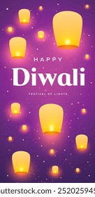 Happy Diwali Light Festival Greeting Card Background Vector. India Diwali Festival Of Lights Banner with Sky Lanterns, Floating Lamps, Flying Lights, Diya Illustration. 