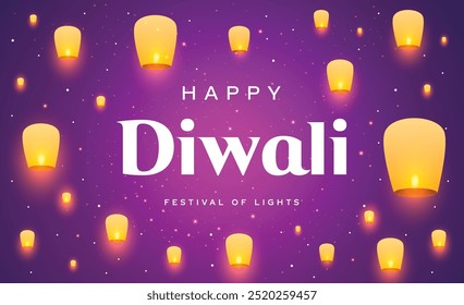 Happy Diwali Light Festival Greeting Card Background Vector. India Diwali Festival Of Lights Banner with Sky Lanterns, Floating Lamps, Flying Lights, Diya Illustration. 