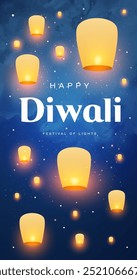 Vector de fondo de tarjeta de felicitación del festival de luz de Diwali feliz. India Diwali Festival de luces Anuncio con linternas celestes, lámparas flotantes, luces voladoras, ilustración de Diya. 