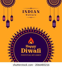 Happy Diwali Light Festival Vector Design. With Ornaments, Lamplights, and Candlelights. Indian Cultural Background in November.