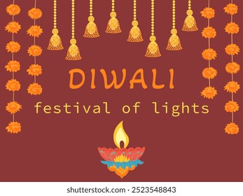 Fondo de Vector del festival de luz de Diwali feliz. Diseño de Anuncio del festival de Diwali con luces coloridas de la linterna, decoraciones de marygold, diyas. Diwali Elementos planos de dibujos animados para gráficos, Plantillas de Diseño web