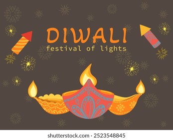 Fondo de Vector del festival de luz de Diwali feliz. Diseño de Anuncio del festival de Diwali con luces coloridas de la linterna, fuegos artificiales, diyas. Diwali Elementos planos de dibujos animados para Plantillas gráficas y de Diseño web