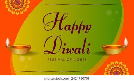 Happy Diwali. Light green background with diwali flower elements and mandala vectors with diyas for celebrating diwali festivals hindu indian festival banner design.