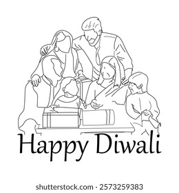 Happy Diwali with line drawing of family and Diya Vector, Happy Diwali Day  greeting card line art