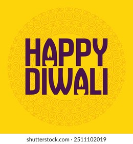 Happy Diwali logo with crative typography on yellow background. Indial traditional light festival celebration poster, banner, template design. Lamp and mandala vector illustration.