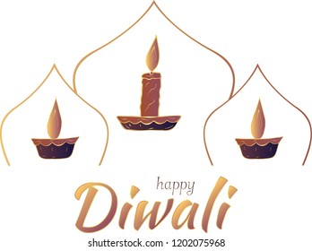 Happy Diwali! Logo. The inscription under the candles with gold contours. White background. Vector.