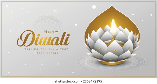 Happy Diwali. Lotus Indian Diya oil lamp design with Golden border frame on Indian festive theme big banner background. The Festival of Lights.