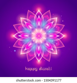 Happy Diwali with luminous flower Rangoli. Indian festival of lights.