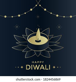 Happy Diwali luxury greeting card. India festival of lights holiday illustration with gold candel and flower petals.