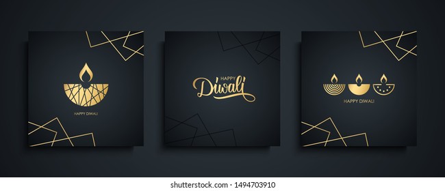Happy Diwali luxury greeting cards set. India festival of lights holiday invitations templates collection with hand drawn lettering and gold diya lamps. Vector illustration.