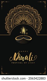 Happy Diwali luxury greeting cards set. India festival of lights holiday invitations templates collection with hand drawn lettering and gold diya lamps. Vector illustration.