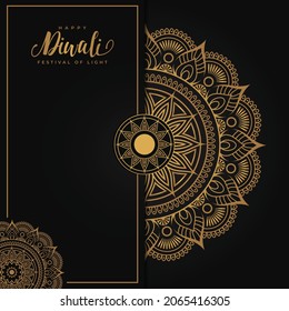 Happy Diwali luxury greeting cards set. India festival of lights holiday invitations templates collection with hand drawn lettering and gold diya lamps. Vector illustration.