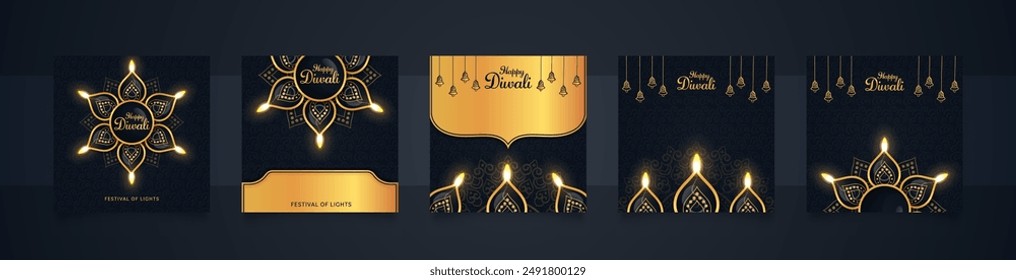 Happy Diwali luxury greeting cards set of five. gold diya lamps. Vector illustration. Suitable for Greeting Card, Banner, Flyer, Template.