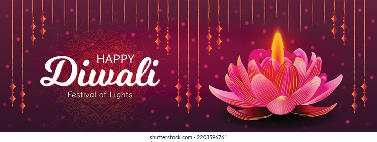 Happy Diwali Luxury Purple Horizontal Website Header Ilustración vectorial. Luces de hadas y Lotus Diya. Diseño de pancartas de celebración del Festival Hindú. Publicación en medios sociales, promoción, publicidad, invitación