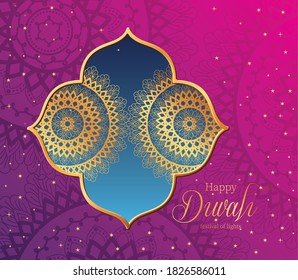 Happy diwali mandala in frame on pink background design, Festival of lights theme Vector illustration