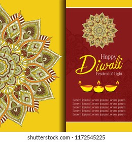 Happy Diwali with Mandala Oil Lamp Design Vector Template Set.