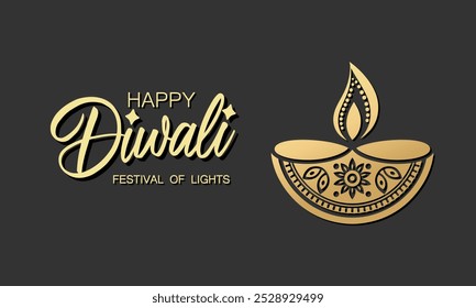 Happy Diwali. Mandala ornate burning candle. Greeting card design with handwritten gold text on black background. Vector illustration.