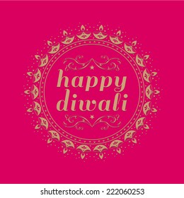 'Happy Diwali' message in english with round border made with traditional lamp motif.