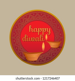 'Happy Diwali' message in round shape unit with traditional lamp motif. Compact vector Diwali festive sign or plaque.