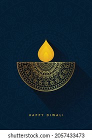 Happy Diwali Minimal Poster with Golden Elegant Decorated Diya, Deepavali Festival Celebration Poster - Vector