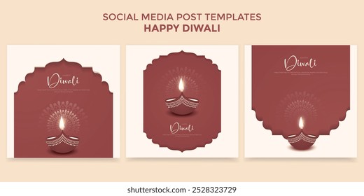 Happy Diwali minimalista social media post set Celebration Background (Fundo de celebração). Festival de Luzes Cartão de Saudação Post Modelo Vetor Ilustração.