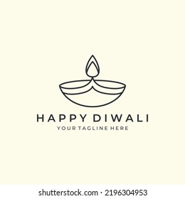 happy diwali with minimalist linear style logo icon template design. candle, culture, india vector illustration