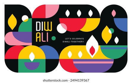 Happy Diwali modern geometric style poster, greeting card, background. Vector illustration with diya oil lamps.