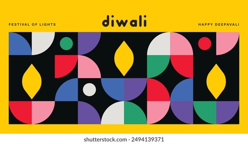 Happy Diwali modern geometric style poster, greeting card, background. Vector illustration with diya oil lamps.