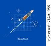 Happy Diwali. Modern marketing creative concept with crackers rocket, firework, sparkle, graph and pencil.