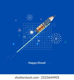 Feliz Diwali. Moderno conceito criativo de marketing com foguete de bolachas, fogo de artifício, brilho, gráfico e lápis.