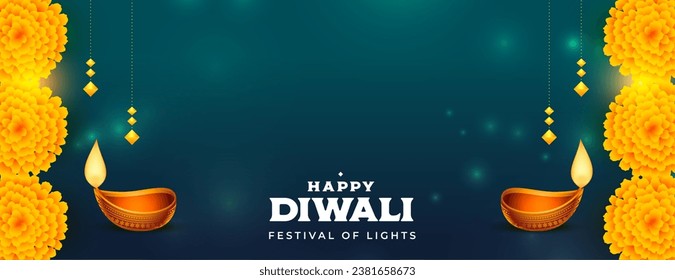 happy diwali occasion banner with oil lamp and floral design . Translation: Happy Diwali means festival of lights