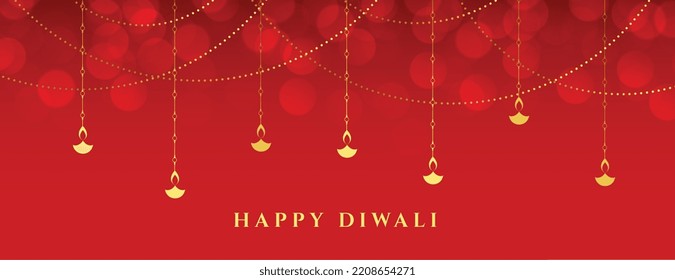 happy diwali occasion shiny banner with lantern vector design 