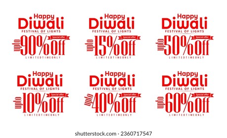 Happy Diwali Oferfer Set de diferentes etiquetas de descuento porcentual sobre fondo blanco. hasta 10, 90, 40, 60, 15, 50 por ciento menos de etiquetas de descuento, ilustración de vectores