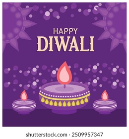 Feliz Diwali. Una lámpara de aceite se está quemando con una luz tenue. Concepto del festival Diwali. Ilustración vectorial plana.