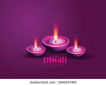 Happy Diwali with Oil lamp, Decorated Diya, Rangoli, Background, Bokeh Sparkling Effect