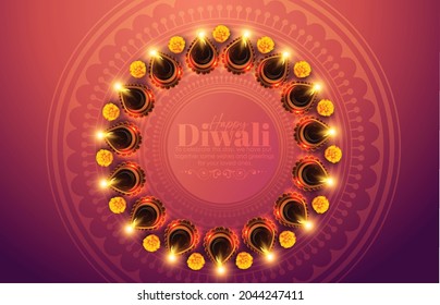 Happy Diwali with Oil lamp, Decorated Diya, Rangoli, Background, Bokeh Sparkling Effect